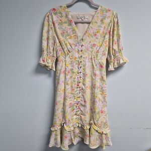 Simple Retro Pastel Floral Button-Front Ruffle Dress - Pink & Yellow